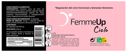 Cápsulas FemmeUp Ciclo de Femmeup en envase de 60, con salsa y tamaño 135x50mm, para apoyo en el ciclo femenino.