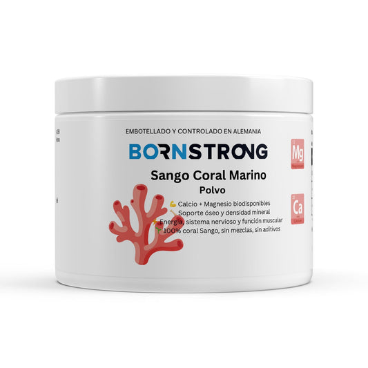 Polvo de coral marino Sango de BORNSTRONG FITNESS, suplemento natural de calcio y magnesio para la salud ósea.