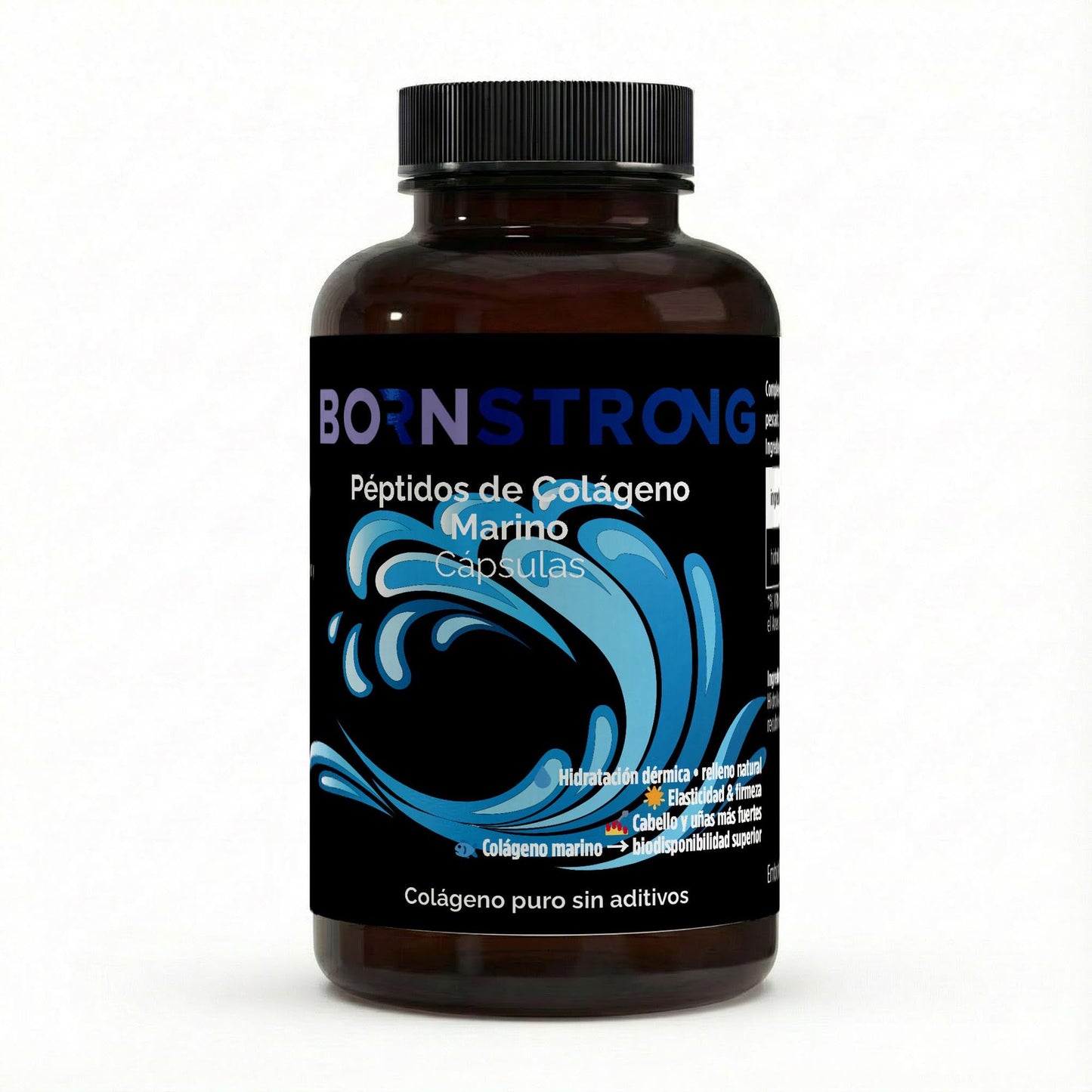Suplemento de colágeno marino de BORNSTRONG FITNESS, con fórmula para firmeza, elasticidad e hidratación profunda de la piel.