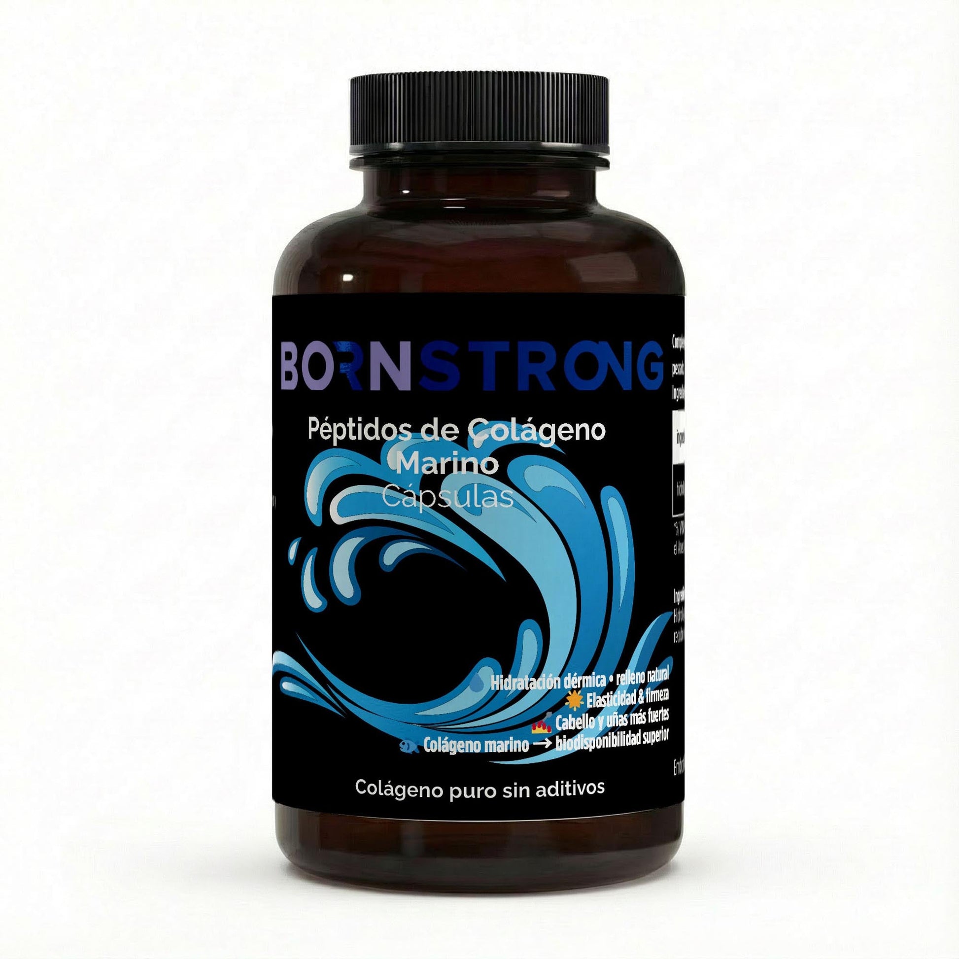 Suplemento de colágeno marino de BORNSTRONG FITNESS, con fórmula para firmeza, elasticidad e hidratación profunda de la piel.