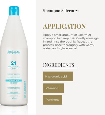 SALERM - Champú Hidratante - Salerm 21 Silk Protein - 1000 ml - Pelo Seco y Dañado - Proteínas de Seda - Nutre, Repara y Revitaliza el Cabello - Protección Térmica