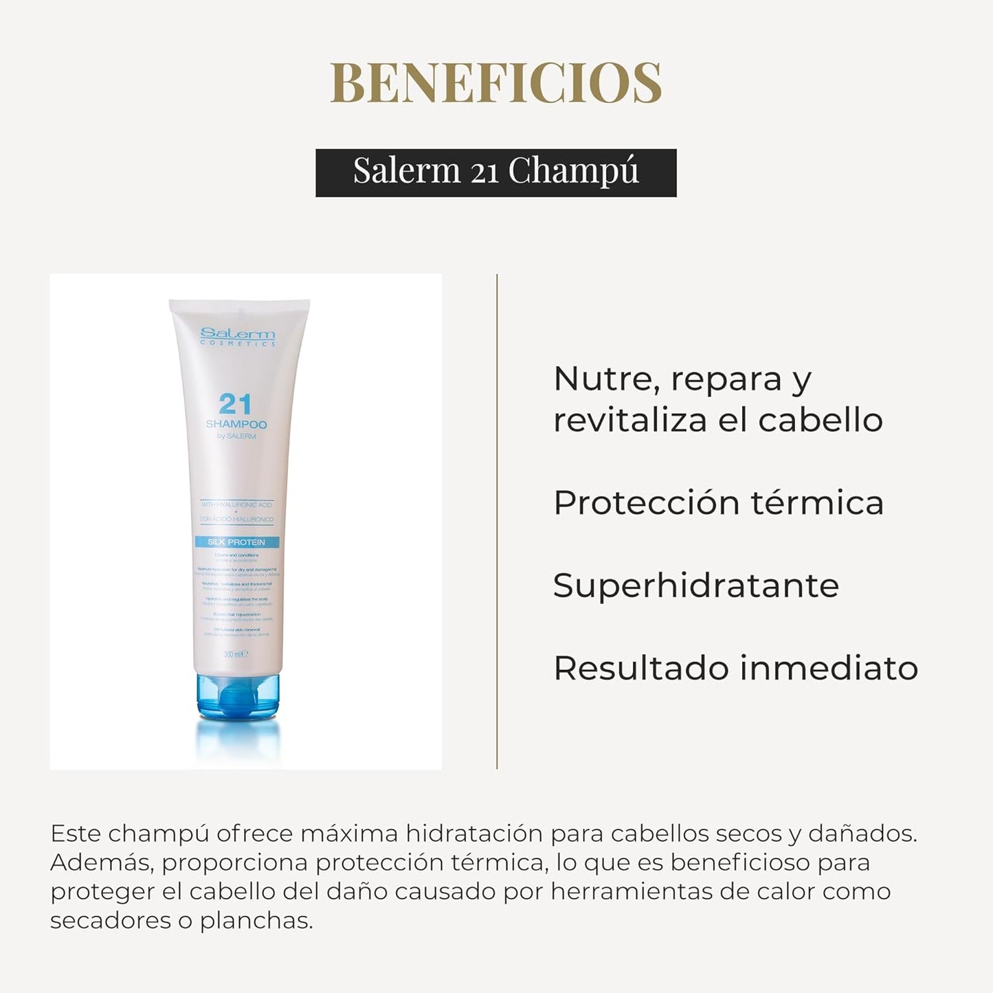 SALERM - Champú Hidratante - Salerm 21 Silk Protein - 300 ml - para Pelo Seco y Dañado - con Proteínas de Seda - Nutre, Repara y Revitaliza el Cabello - Protección Térmica