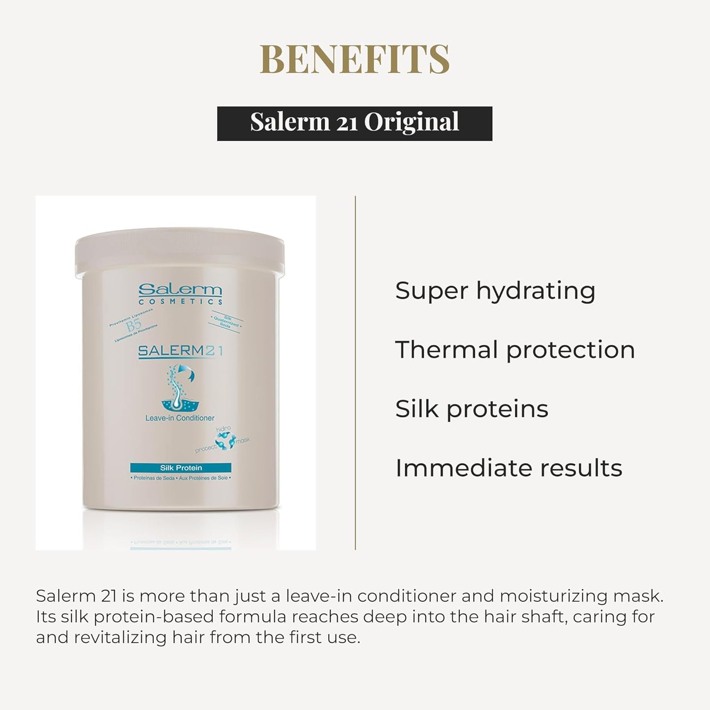 SALERM - Acondicionador de Pelo Instantáneo - Salerm 21 Silk Protein - 1000 ml - Acondicionador sin Aclarado o con Aclarado - con Proteínas de Seda - Protector del Calor e Hidratante
