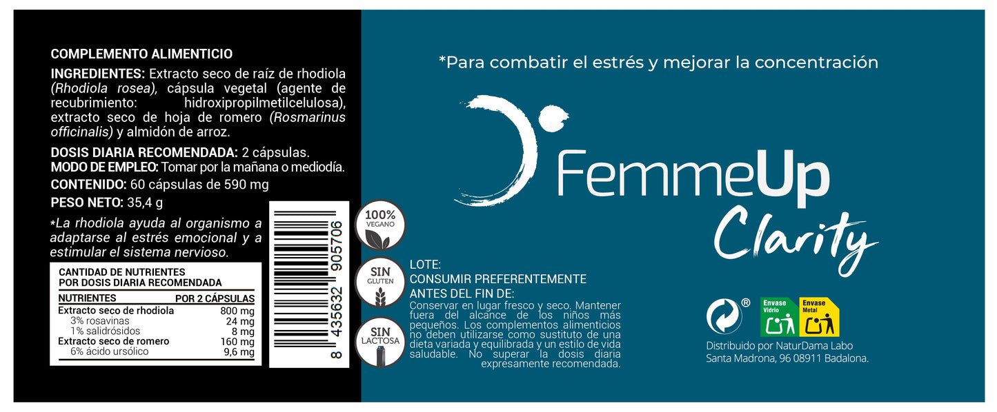 Cápsulas FemmeUp Clarity de Femmeup, envase con 60 cápsulas, vista frontal en tamaño 135x50 mm