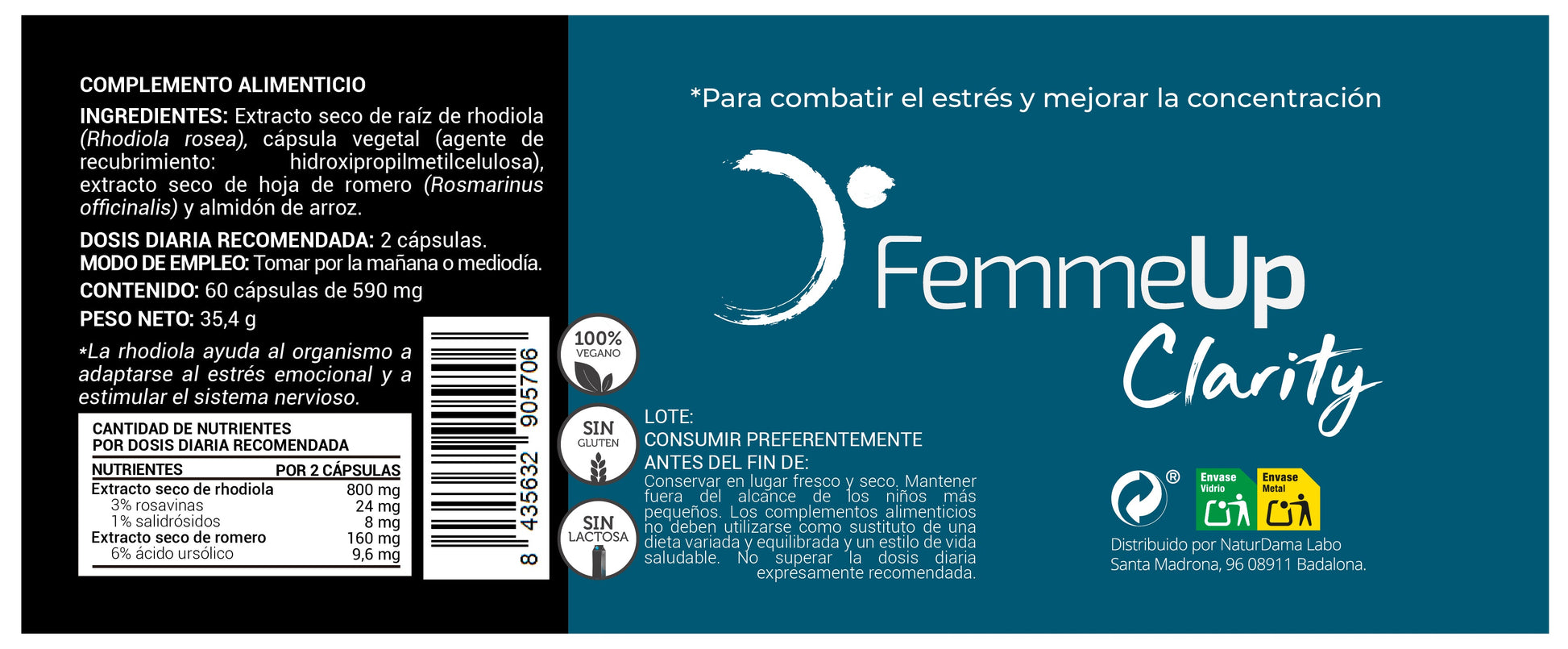 Cápsulas FemmeUp Clarity de Femmeup, envase con 60 cápsulas, vista frontal en tamaño 135x50 mm