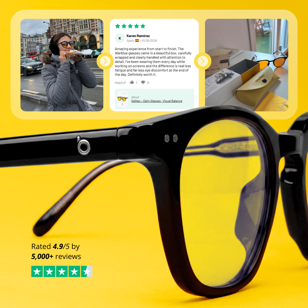 Gafas diarias Galileo de Warblue para equilibrio visual, con montura moderna y lentes transparentes en imagen.