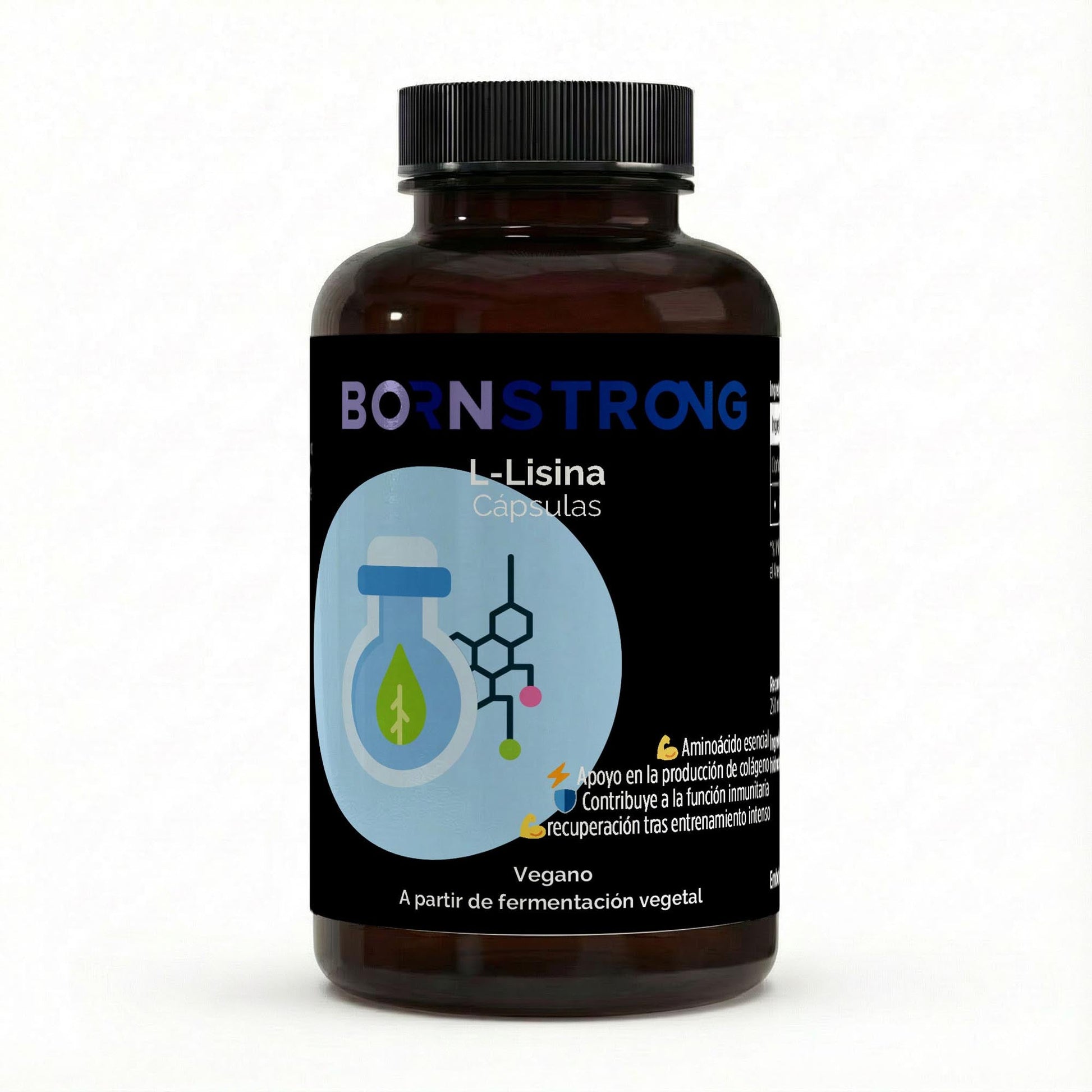 Suplemento de L-Lisina de BORNSTRONG FITNESS para recuperación, rendimiento y defensa muscular, en envase con cápsulas blancas