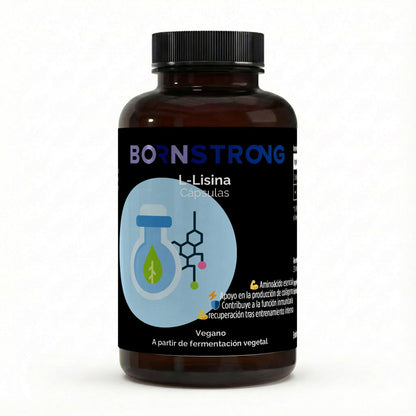 Suplemento de L-Lisina de BORNSTRONG FITNESS para recuperación, rendimiento y defensa muscular, en envase con cápsulas blancas