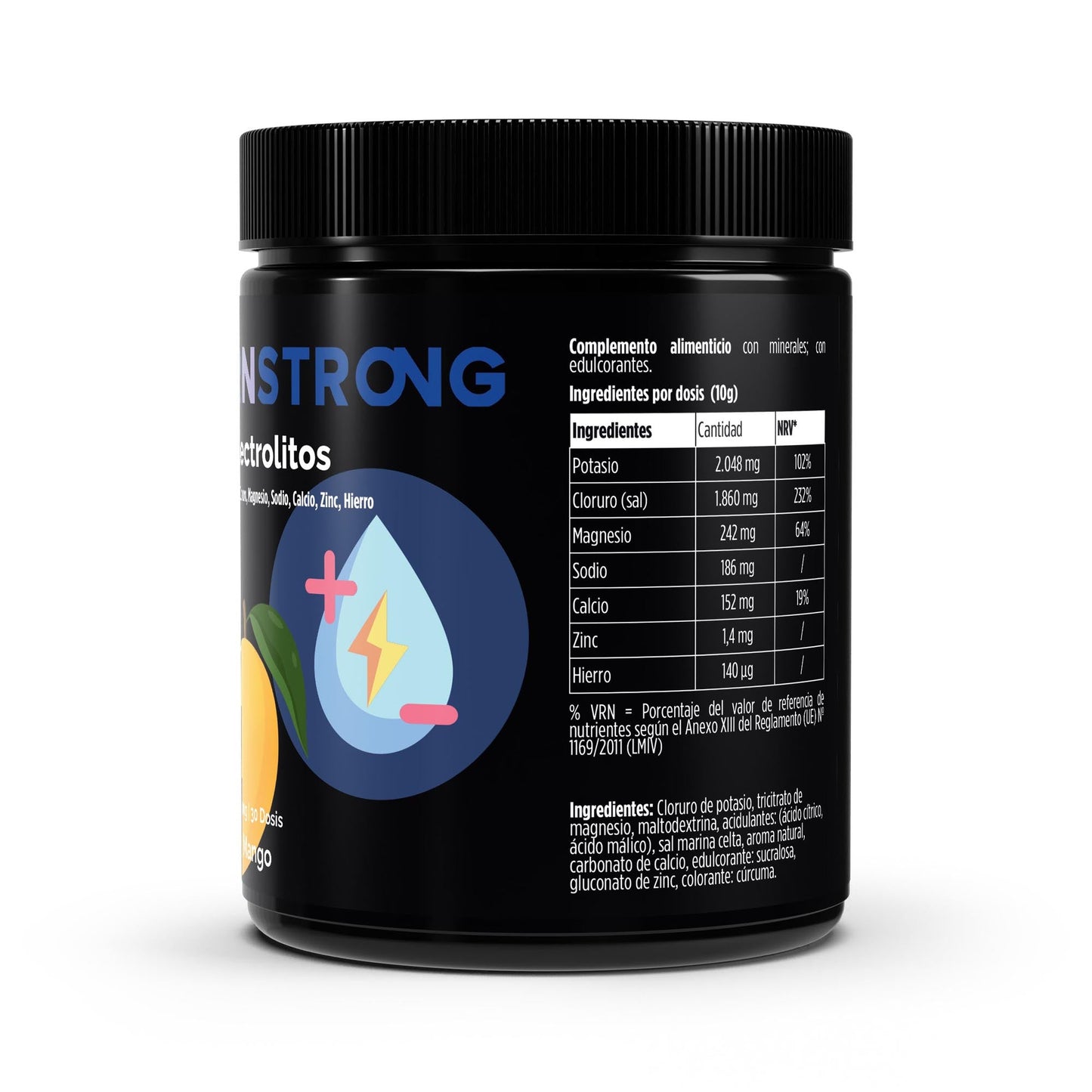 Electrolito tropical mango de BORNSTRONG FITNESS, polvo de 300g para hidratación y energía.