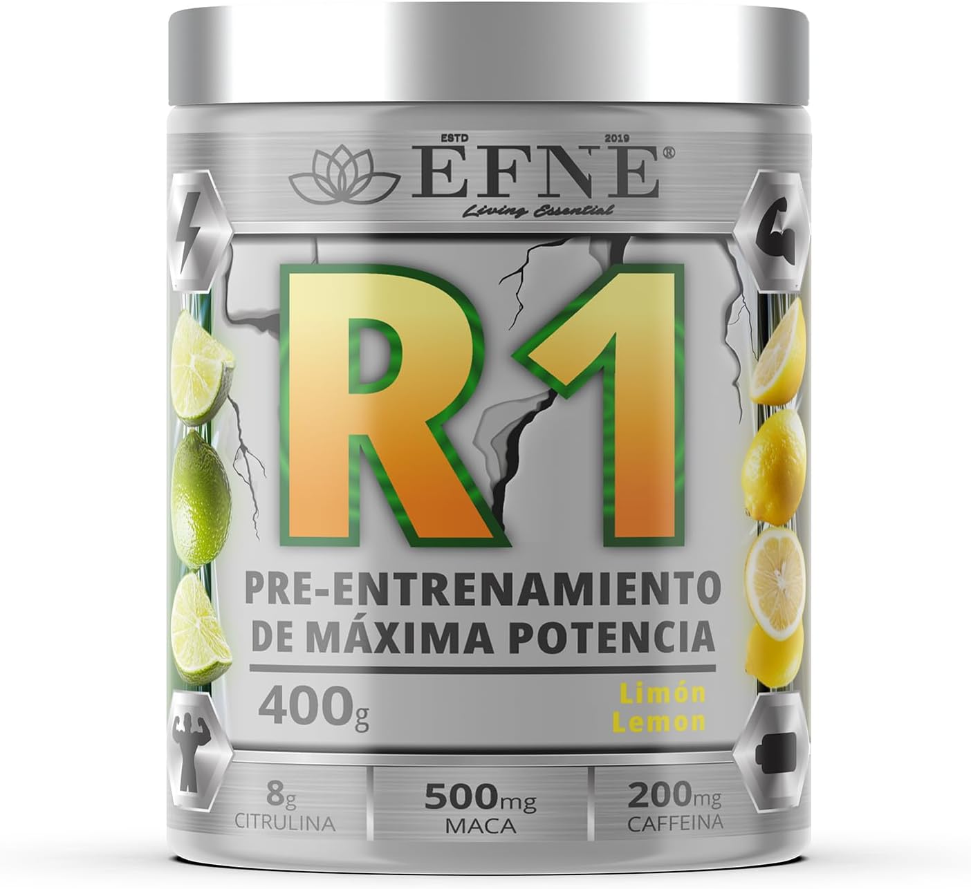 Bote de preentrenamiento EFNE R1 EFNE con sabor a limón, con cafeína y potenciadores de rendimiento, vista desde el frente