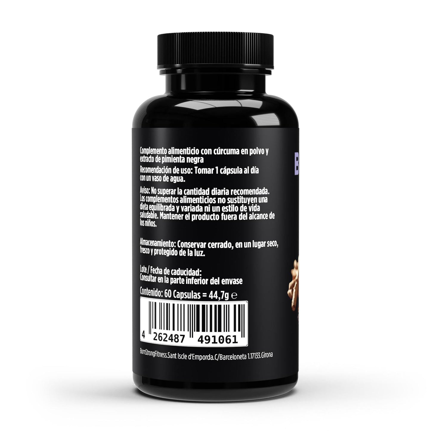 Cúrcuma y piperina de BORNSTRONG FITNESS, suplemento natural para inflamación, digestión y defensa inmunitaria.