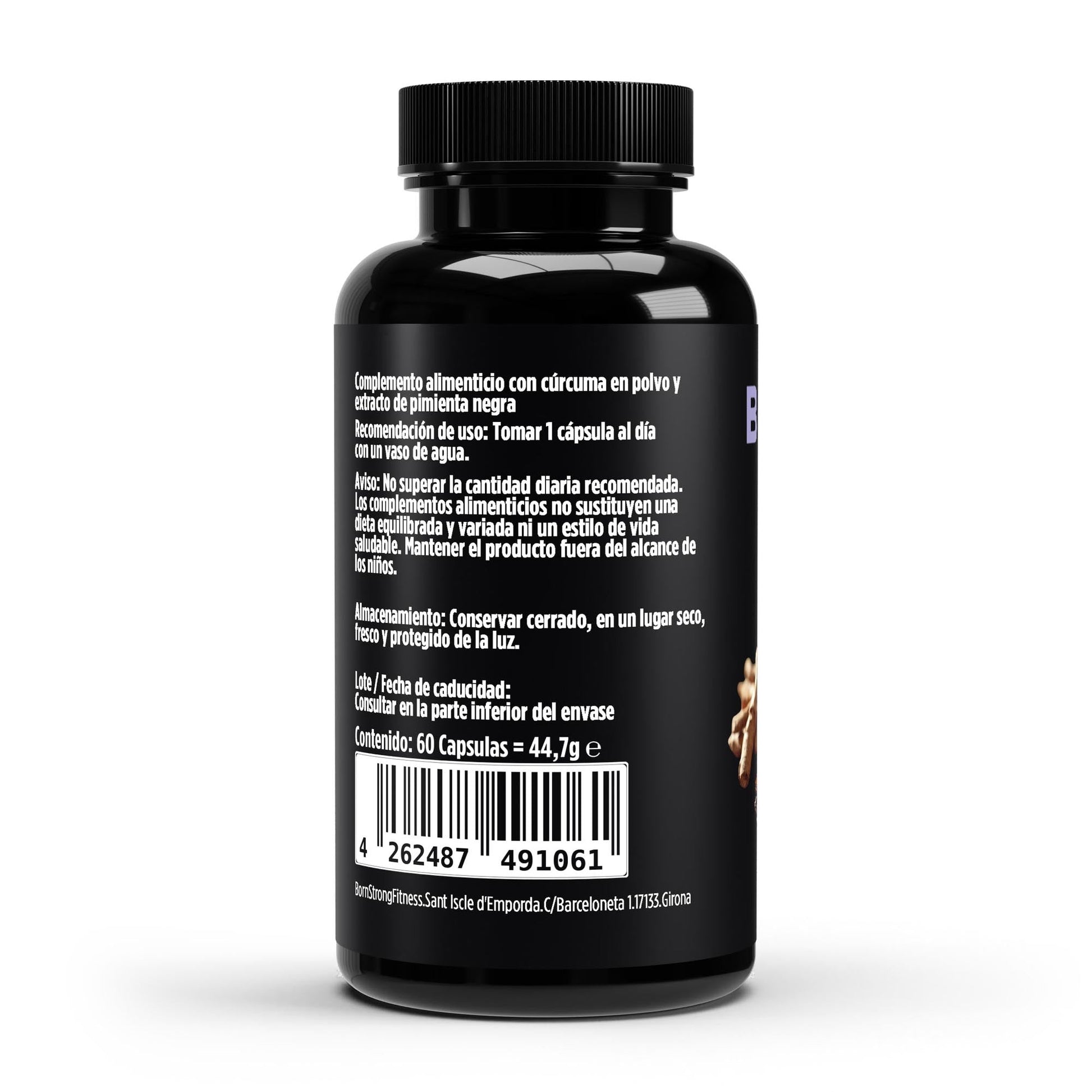 Cúrcuma y piperina de BORNSTRONG FITNESS, suplemento natural para inflamación, digestión y defensa inmunitaria.