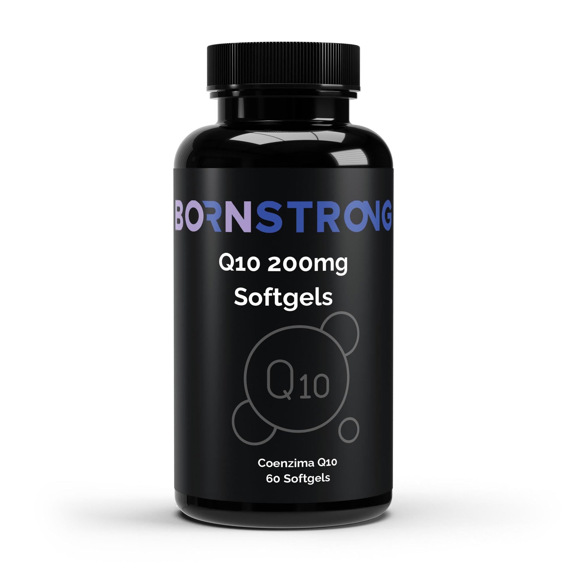 Suplemento de Coenzima Q10 de BORNSTRONG FITNESS para energía celular y salud del corazón, en envase con cápsulas.