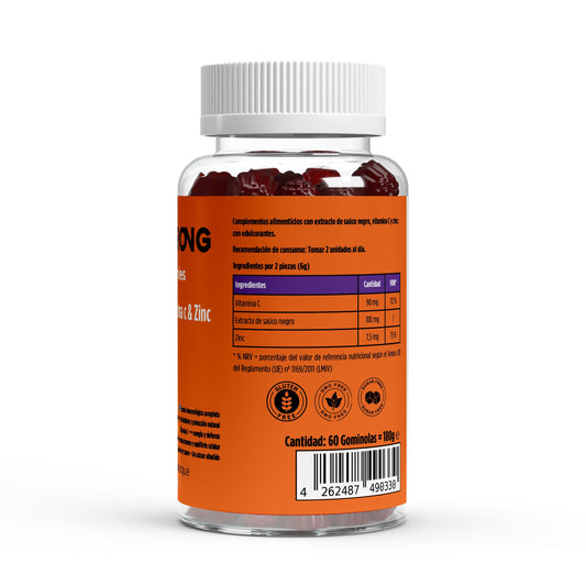 Gominolas de saúco negro con vitamina C y zinc de BORNSTRONG FITNESS, suplemento para fortalecer defensas y antioxidantes.