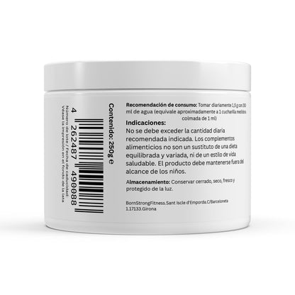 Polvo de coral marino Sango de BORNSTRONG FITNESS con calcio y magnesio natural para el equilibrio óseo, en envase con polvo blanco