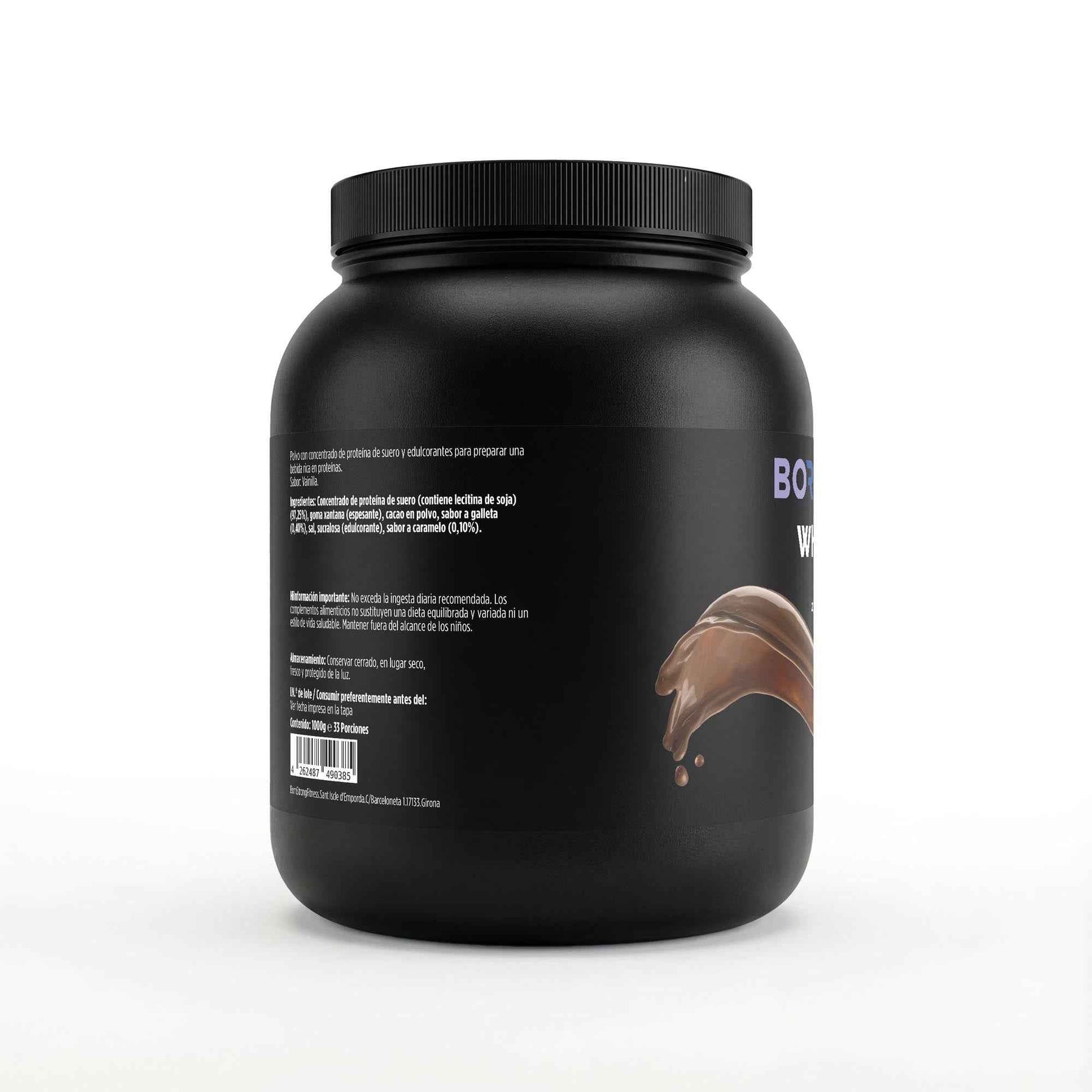 Polvo de proteína de suero premium BORNSTRONG FITNESS 95% en envase de 1000 g, muestra el paquete y su etiqueta.