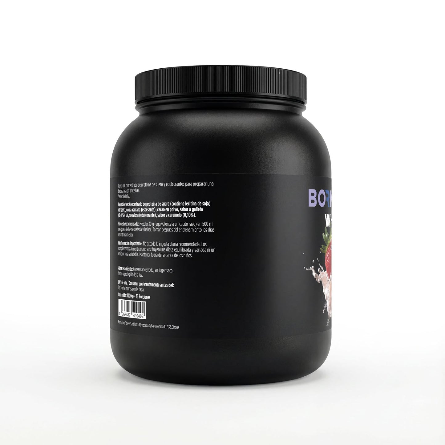 Proteína de suero premium sabor fresa de BORNSTRONG FITNESS, envase con polvo de proteína limpia al 97%.