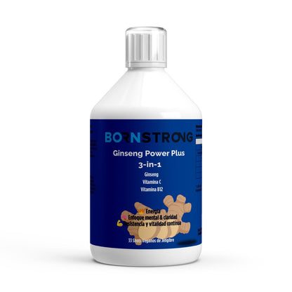 Suplemento Ginseng Power Plus+ de BORNSTRONG FITNESS, con foco mental y energía limpia para rendimiento diario.