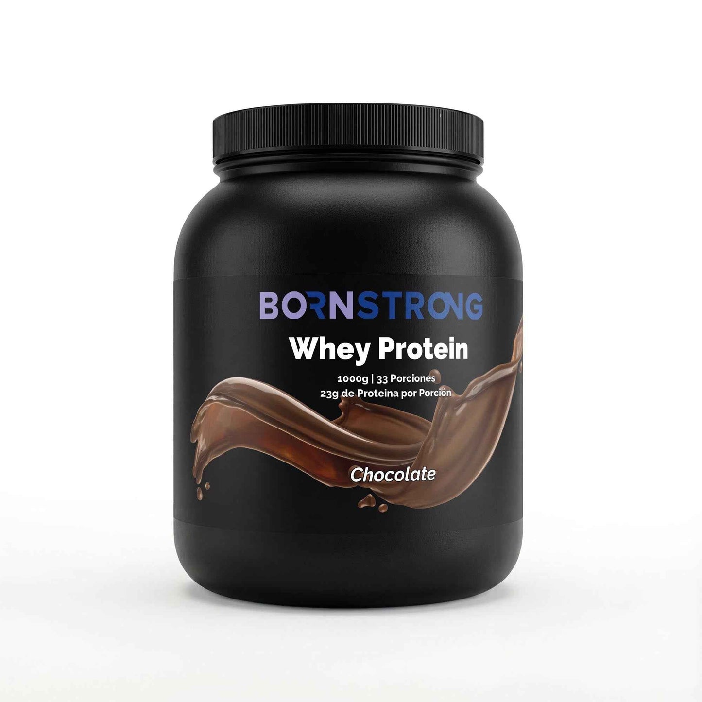 Proteína de suero premium sabor chocolate de BORNSTRONG FITNESS, envase de 1 kg, con polvo de proteína en un recipiente.