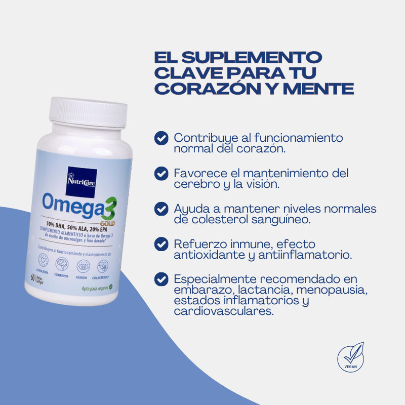Suplemento Omega 3 Gold de NutriCare en cápsulas, con aceite de pescado para salud cardiovascular y bienestar.