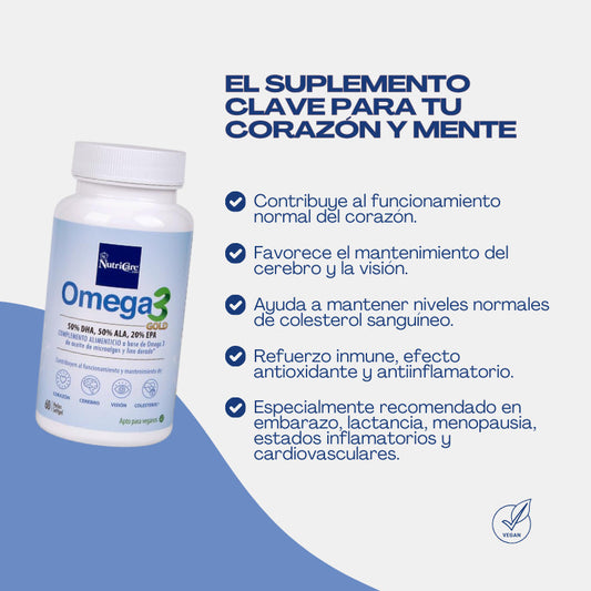 Suplemento Omega 3 Gold de NutriCare en cápsulas, con aceite de pescado para salud cardiovascular y bienestar.