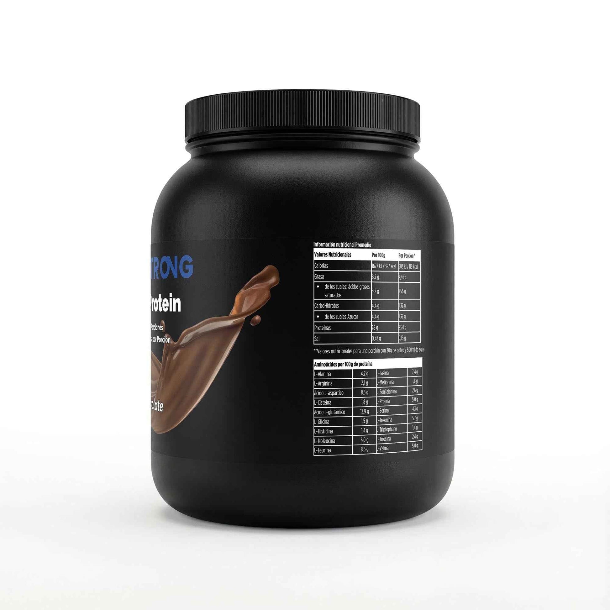 Proteína de suero premium sabor chocolate de BORNSTRONG FITNESS, envase de 1 kg, vista frontal del bote.