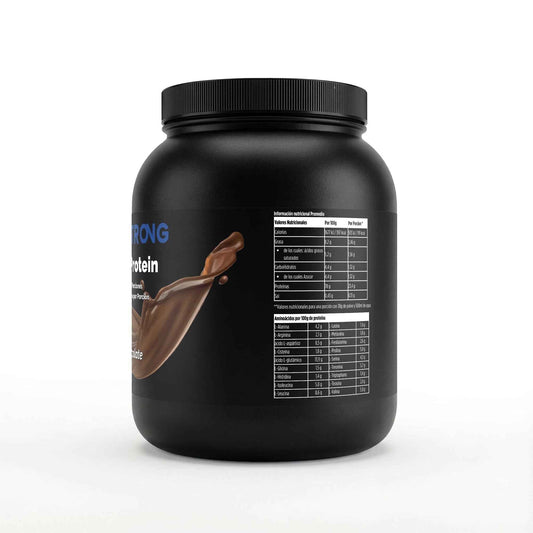 Proteína de suero premium sabor chocolate de BORNSTRONG FITNESS, envase de 1 kg, vista frontal del bote.