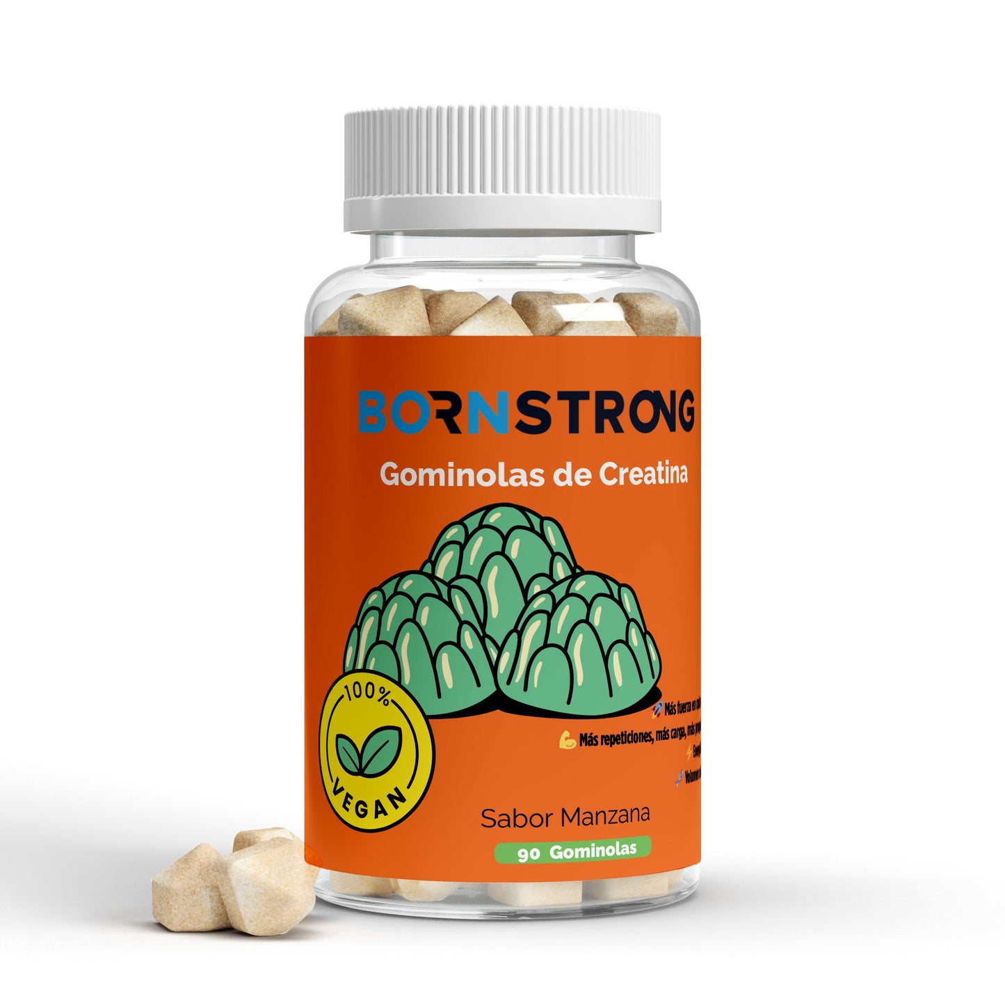 Gominolas de creatina BORNSTRONG FITNESS para aumentar fuerza y rendimiento, con textura dulce y presentación en sachet.