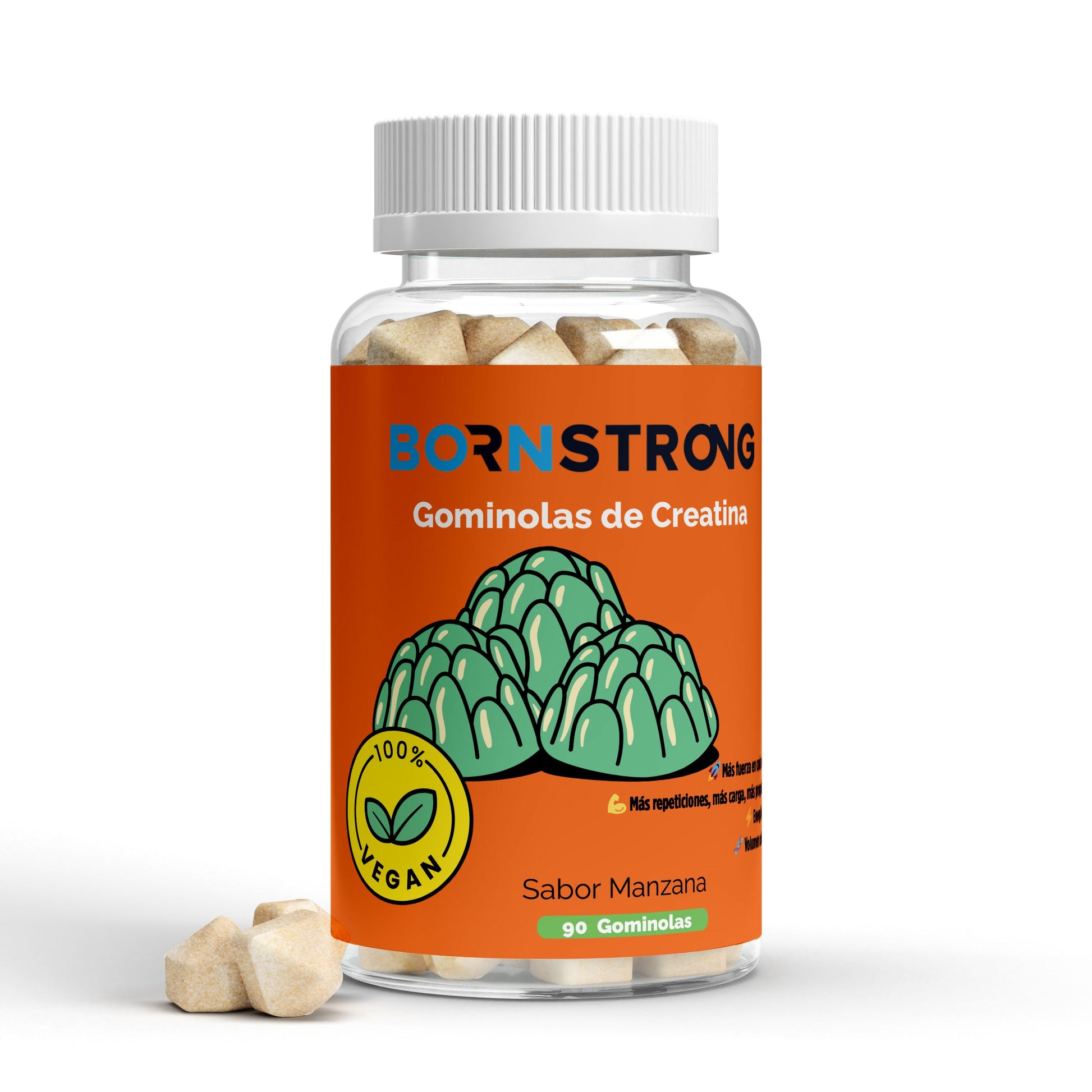 Gominolas de creatina BORNSTRONG FITNESS para aumentar fuerza y rendimiento, con textura dulce y presentación en sachet.