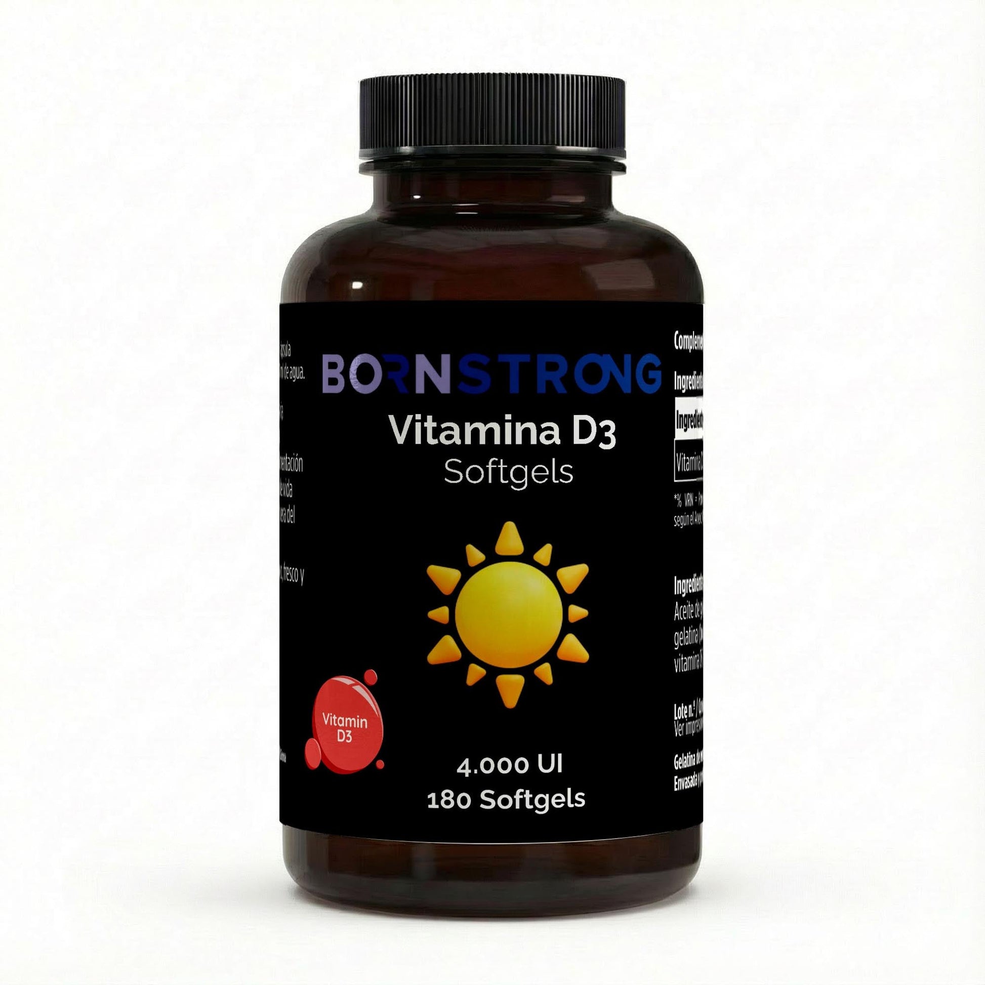 Suplemento de vitamina D3 4,000 IU en frascos de 180 softgels de BORNSTRONG FITNESS, con frascos y etiqueta visible.