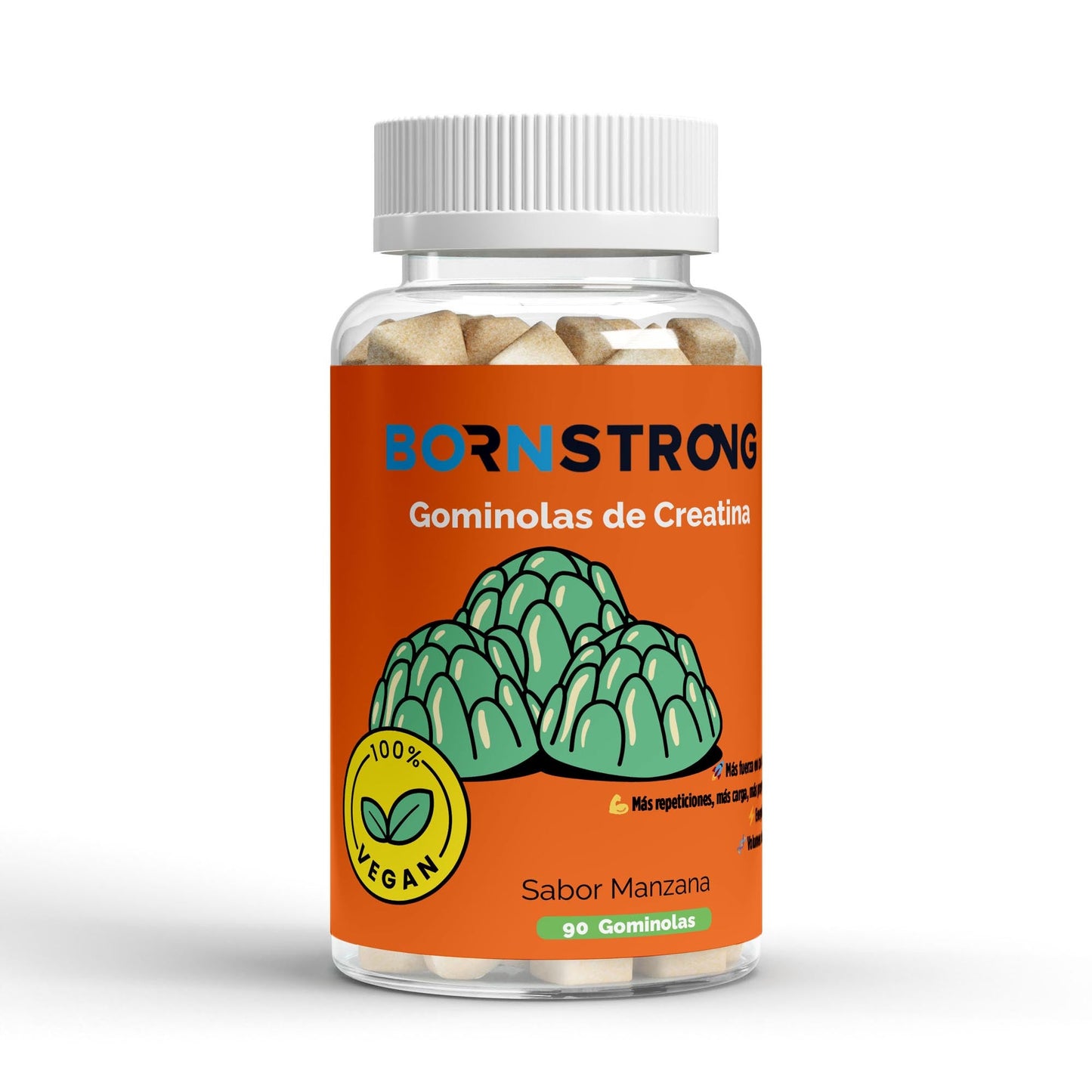 Gominolas de creatina BORNSTRONG FITNESS para fuerza y rendimiento, muestra varias gomitas de creatina en la imagen.