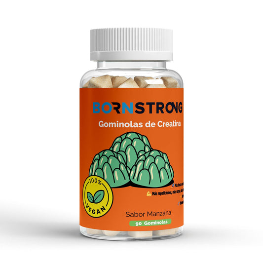 Gominolas de creatina BORNSTRONG FITNESS para fuerza y rendimiento, muestra varias gomitas de creatina en la imagen.
