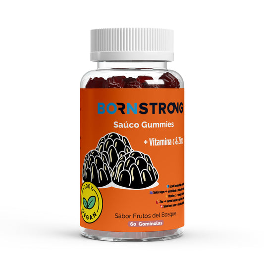 Gominolas de saúco negro con vitamina C y zinc de BORNSTRONG FITNESS, suplemento para fortalecer defensas y antioxidantes.