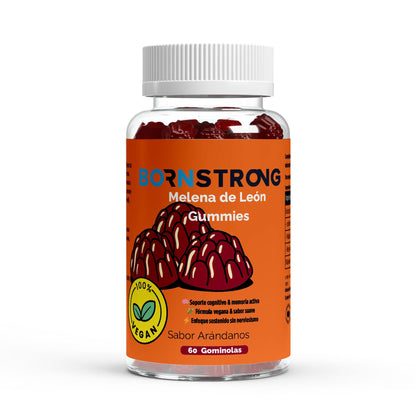 Gominolas Lion's Mane y vitamina B6 de BORNSTRONG FITNESS para claridad mental y enfoque, en envase con gominolas y vitaminas.