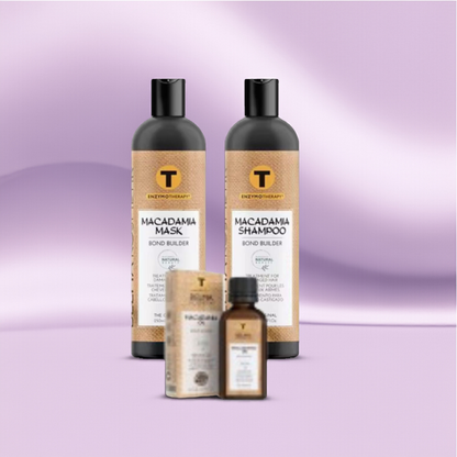 Kit de tratamiento capilar XARODIST Belma Kosmetik con champú, mascarilla y sérum de macadamia para mantenimiento del cabello.