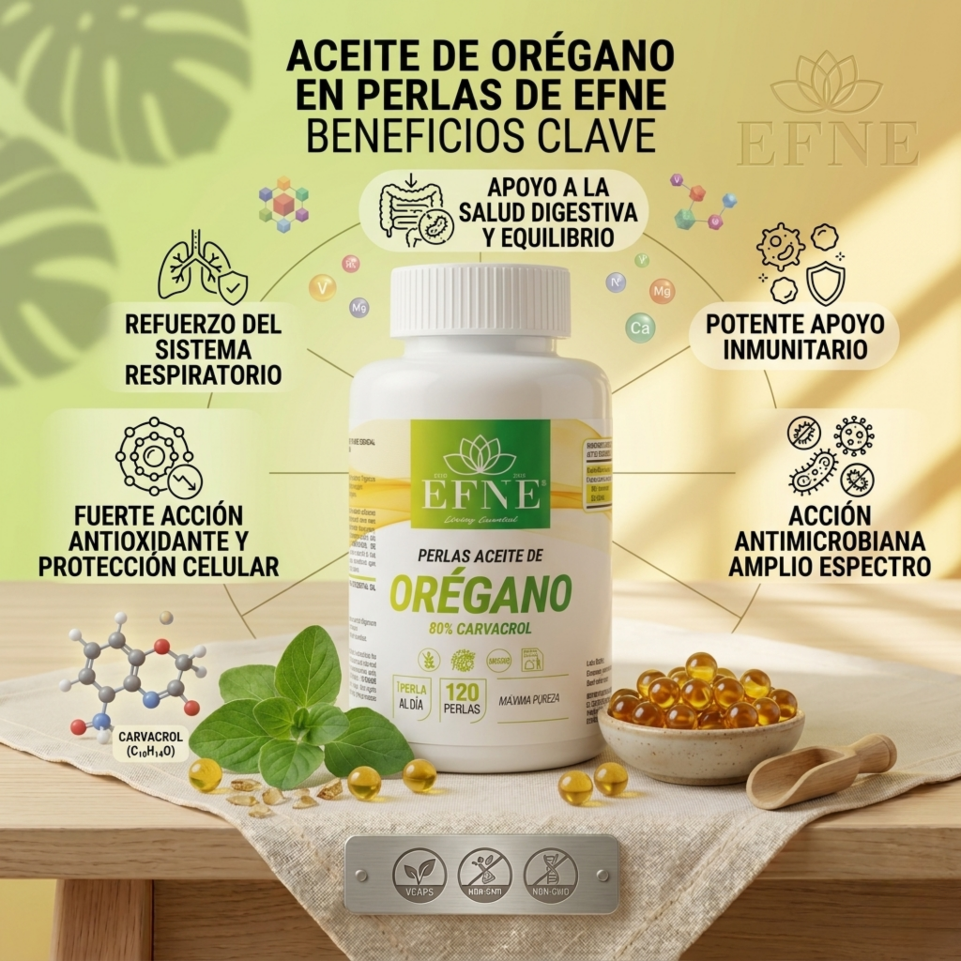 Perlas de aceite de orégano premium EFNE con 80% de carvacrol, muestra de las cápsulas de 120 unidades en la imagen.