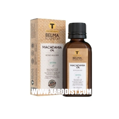 Serum de 50 ml de aceite de macadamia Belma Kosmetik, tratamiento capilar multifuncional de la marca XARODIST en caja.