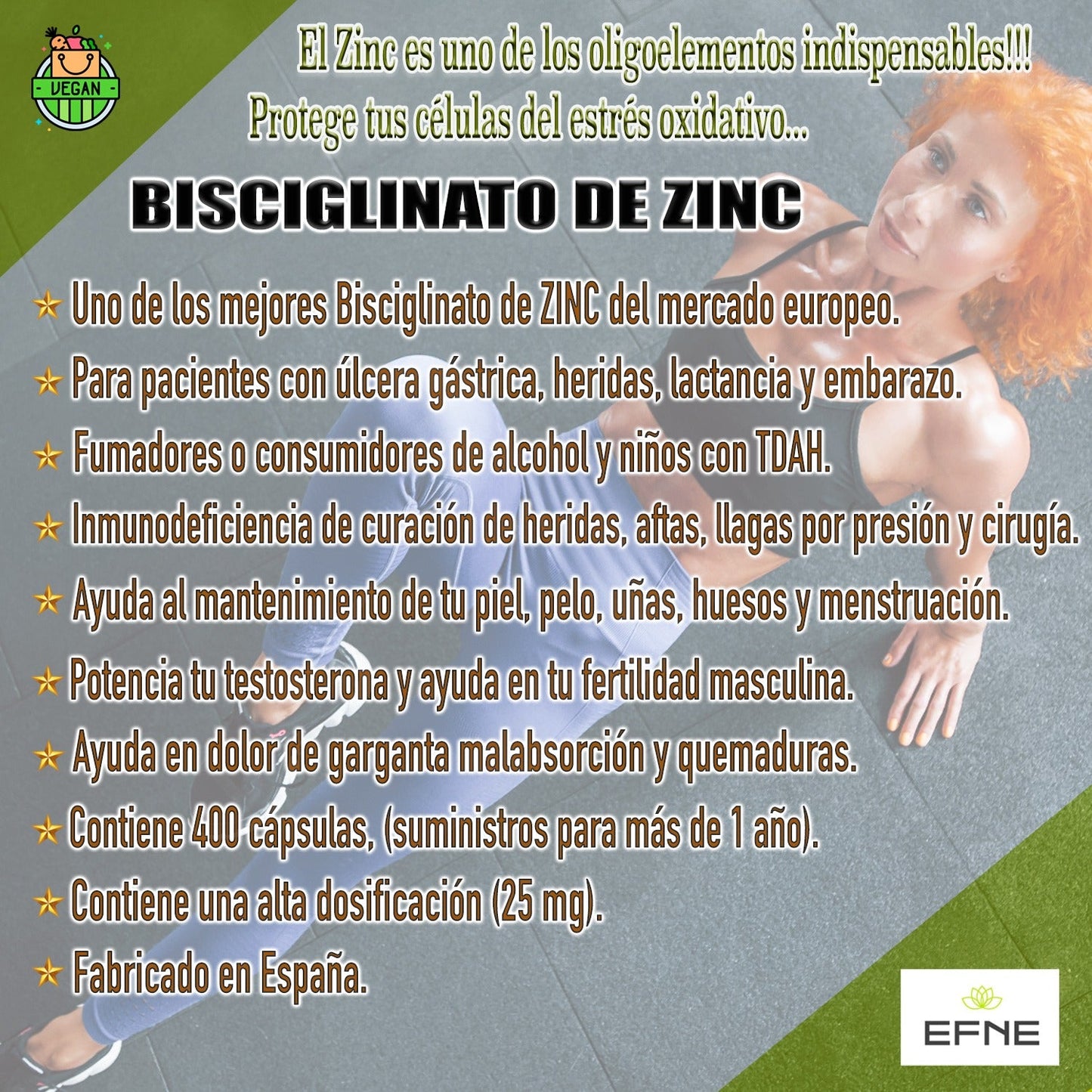 Suplemento de bisglicinato de zinc EFNE en cápsulas, vista de las características del producto en la imagen.