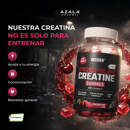 Gomitas de creatina premium AZALA GOURMET, 162 unidades, en envase con gomitas de color rojo y blanco sin envase visible