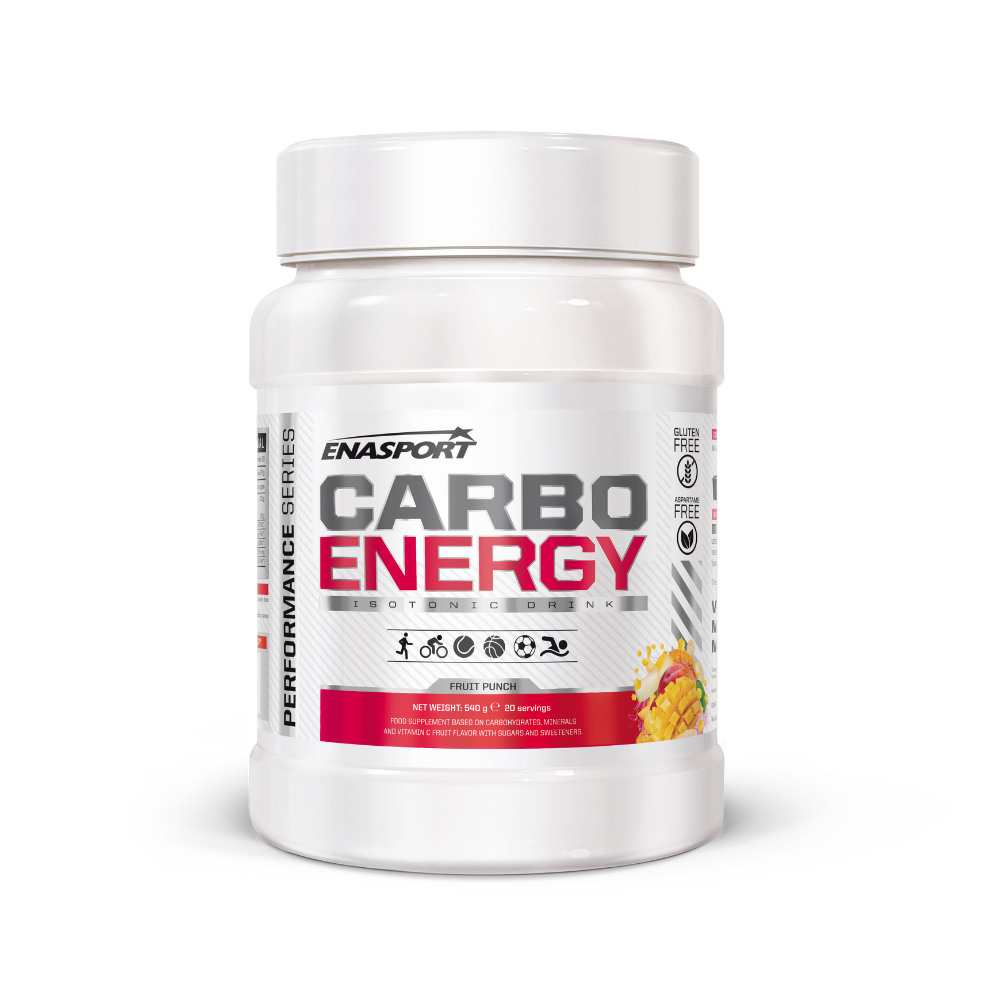 Bebida energética Carbo Energy individual de Enasport, botella con líquido transparente y etiqueta colorida.