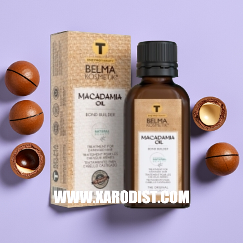 Serum capilar multifuncional XARODIST Belma Kosmetik con aceite de macadamia, frasco de 50 ml para cabello saludable y brillante.