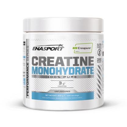 Creatina monohidrato Creapure de Enasport en envase individual, polvo blanco para potenciar el rendimiento deportivo