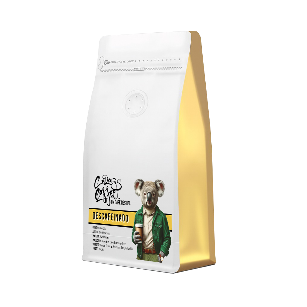 Café de especialidad descafeinado Colombia Supremo en bolsa, de la marca Ceres Coffee, con granos de café en la imagen