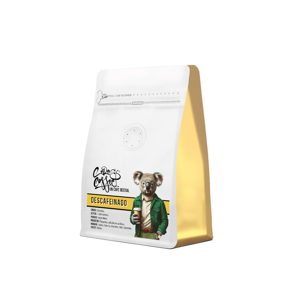 Café de especialidad Ceres Coffee Colombia Supremo descafeinado en bolsa, con granos tostados y aroma intenso.