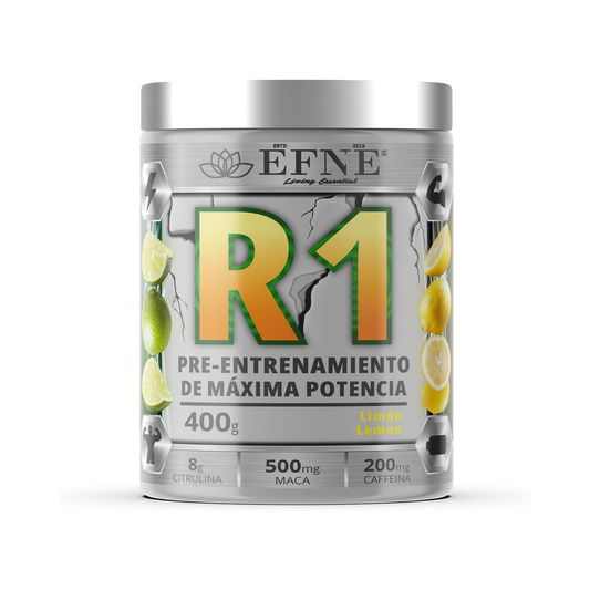 Preentrenamiento EFNE R1 EFNE con cafeína y potenciadores, sabor limón, en envase con diseño colorido y moderno
