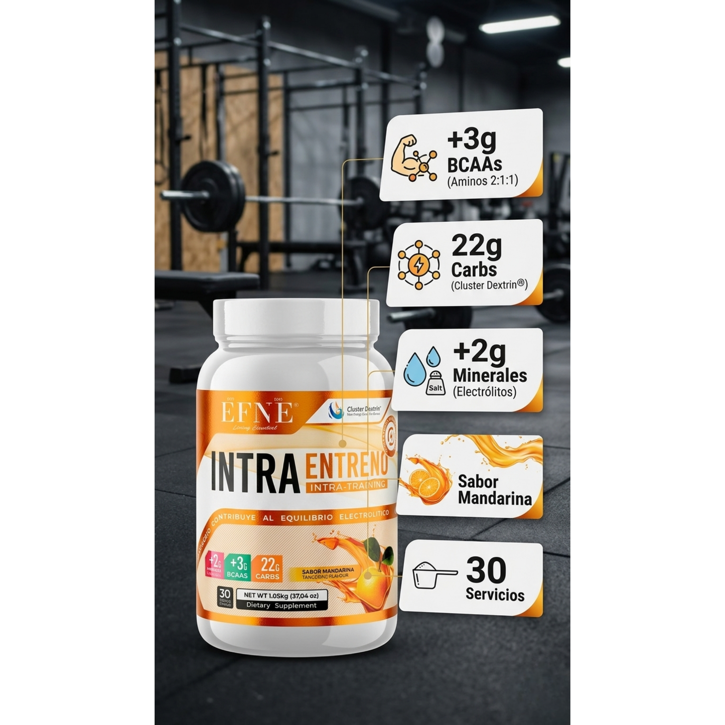 Polvo de EFNE Intra Entreno sabor mandarina en envase de 1.05kg, suplemento para hidratar y energizar durante el entrenamiento.