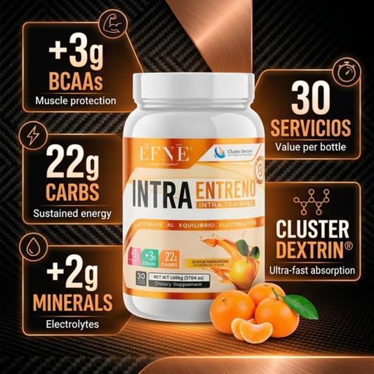 Polvo de EFNE Intra Entreno sabor mandarina en envase de 1.05 kg, bebida para durante el entrenamiento, con diseño moderno.