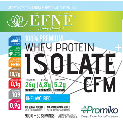 Polvo de proteína isolate EFNE sin sabor en envase blanco, 100% pura, para deportistas y dietas altas en proteínas.