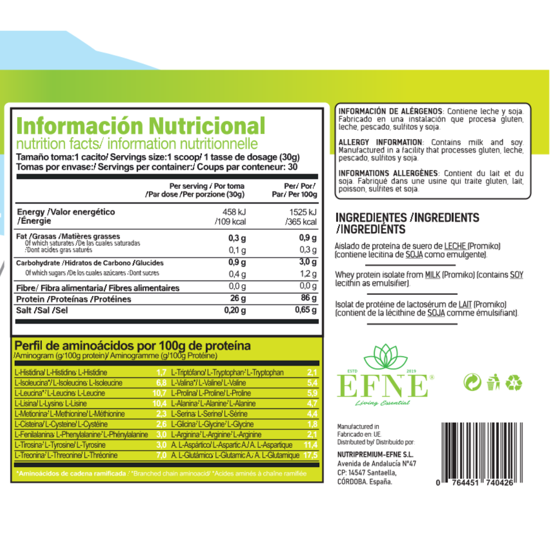Polvos de proteína isolate EFNE sin sabor en envase blanco, 100% pura, con etiqueta y tapa en la imagen.