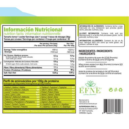 Polvos de proteína isolate EFNE sin sabor en envase blanco, 100% pura, con etiqueta y tapa en la imagen.